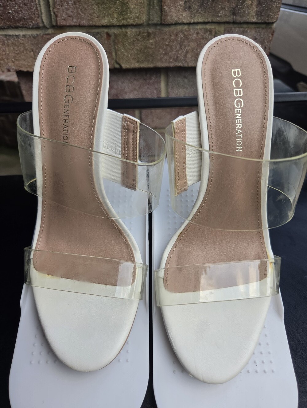 BCBG Y2K Clear Vinyl Double Strap White Slip On Mule High Heel Sandals Party